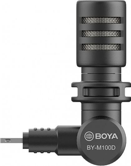 Microfon compact Boya BY-M100D, cu fir, Lightning, iOS, condensator, omnidirectional, 50 Hz - 18 kHz, negru