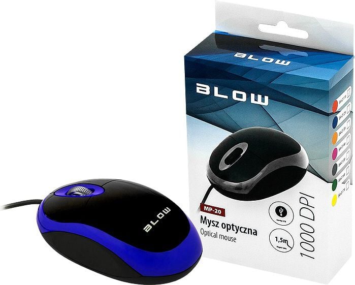 Mouse Blow MP-20, 84-012, Optic, cu fir, USB, 1000 DPI, 3 butoane, Negru si Albastru