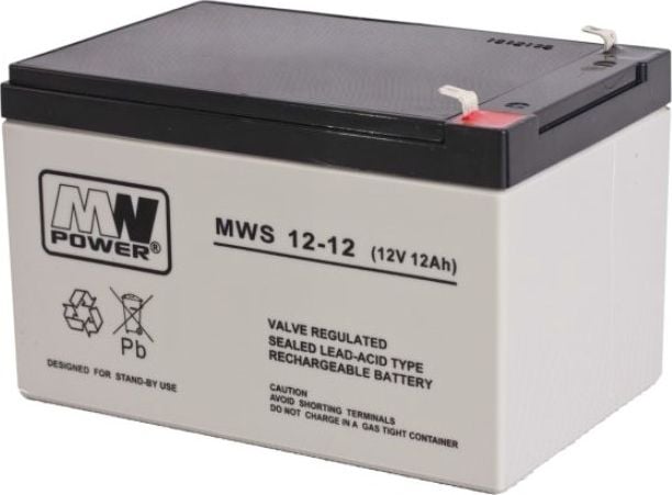 MW Power Pb 12V 12Ah fără întreținere (greutate 3,25 kg, curent de încărcare 4 A, curent de descărcare 135 A)