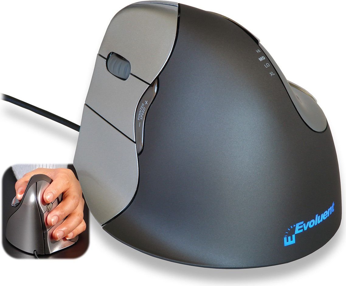 Mouse Evoluent VerticalMouse 4 Left VM4L, Optic, USB cu fir, 2600 DPI, 6 butoane, Negru-Gri