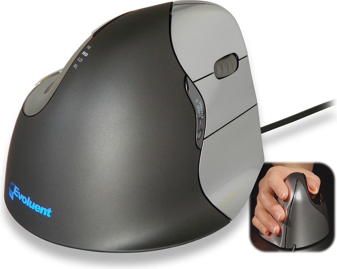 Mouse Evoluent VerticalMouse 4 Right VM4R, Optic, USB cu fir, 2600 DPI, 6 butoane, Negru-Gri