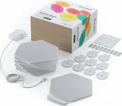 Kit 9 panouri luminoase inteligente Nanoleaf Shapes Hexagons Starter Kit, cu senzor muzica inclus, multi-touch control, LED RGBW, Wi-Fi