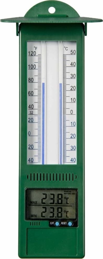 Termometru digital pentru exterior, 9,5 x 2,5 x 24 cm,verde,Afisaj mecanic si digital