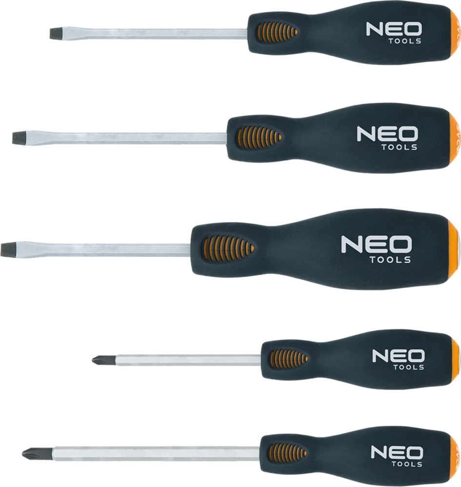 Setul de surubelci pentru batut NEO (NEO Naginalki) 5 buc (04-240). Este un set de 5 surubelnite speciale proiectate pentru a lovi capitul suruburilor. Acest set poate fi folosit pentru a indeparta suruburile cu cap foarte strans sau corodate, care