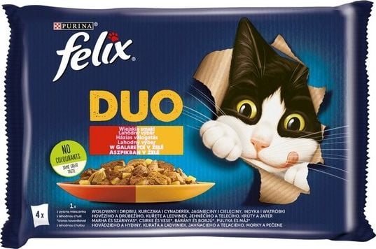 Hrana pentru pisici Felix Fantastic Duo, Pui si Rinichi, Vita si Pasare, Curcan si Ficat, Miel si Vitel, 4x85g