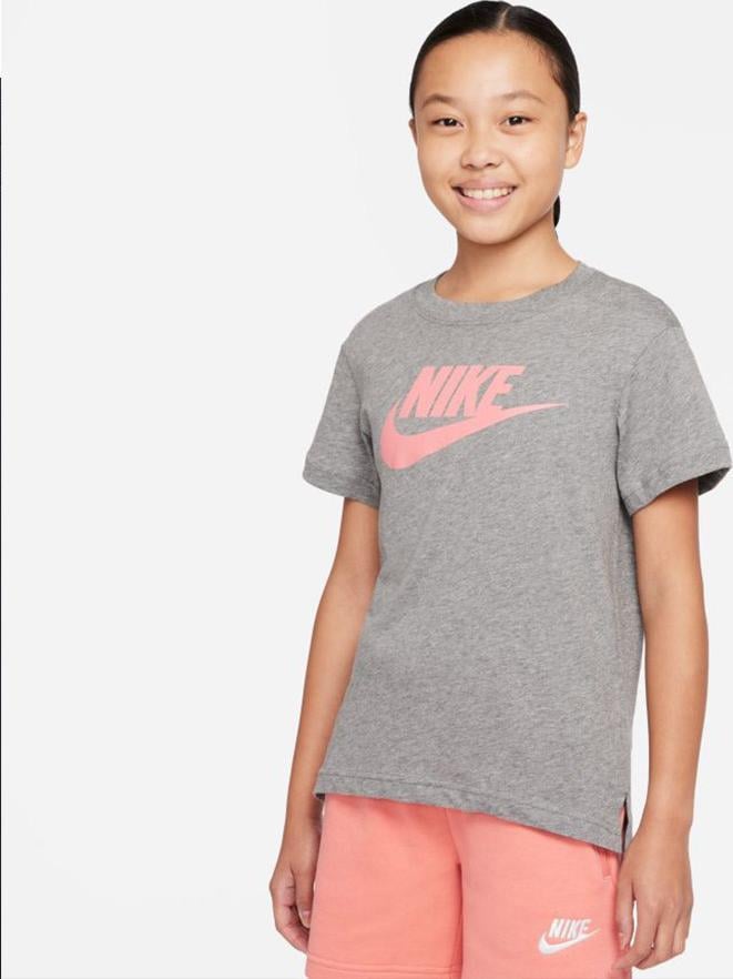 Nike, Tricou cu imprimeu logo si terminatie asimetrica Basic Futura, Gri melange, Roz, 156-166 CM
