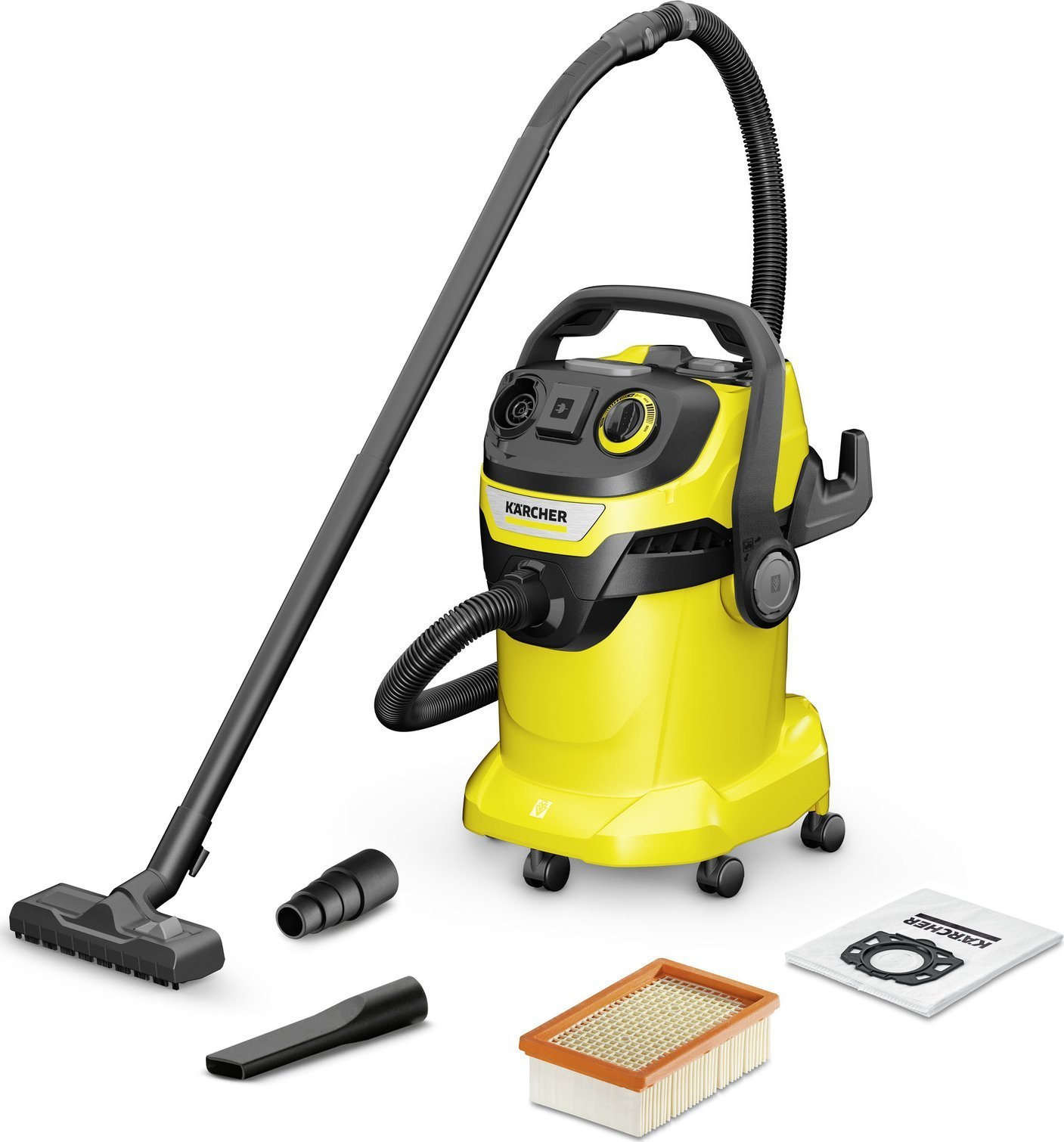 Aspirator multifunctional Karcher WD 5 P V-25/8/22, 1100 W, aspirare umeda si uscata, 25 l rezervor, furtun 2.2 m, functie de suflare, galben/negru