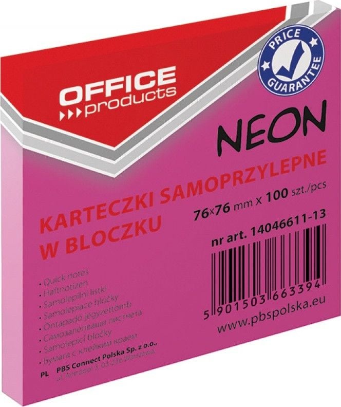 BLOCZEK SAMOPRZYLEPNY OFFICE PRODUCTS, 76X76MM, 1X100 KART., NEON, RÓŻOWY