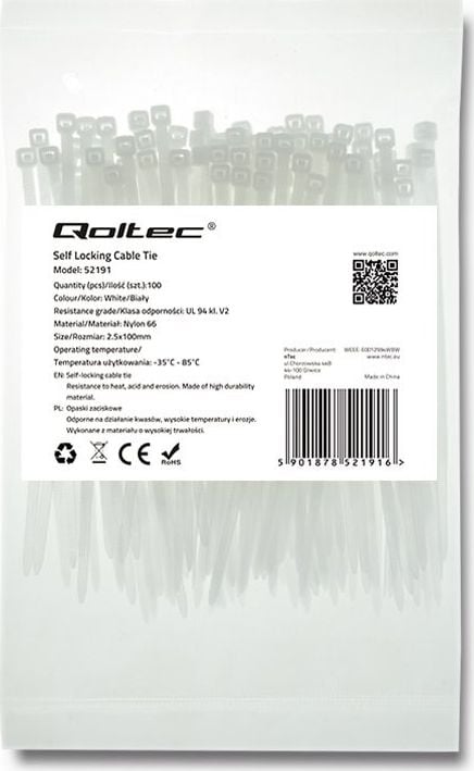 Set cu benzi zimtate din plastic pentru fixare cabluri , Qoltec , 2.5*100 nylon UV 100 bucati , alb