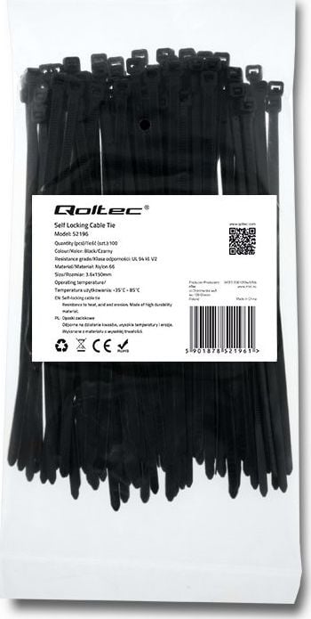 Set cu benzi zimtate din plastic pentru fixare cabluri , Qoltec , 3.6*150 nylon UV 100 bucati , negru