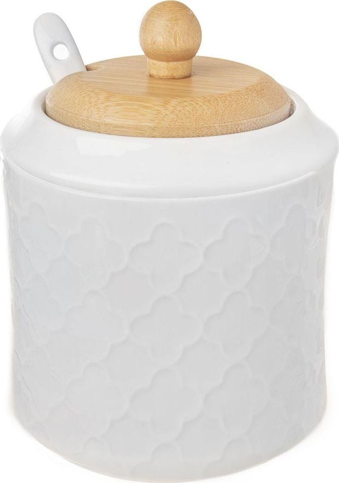 Orion Cukierniczka porcelanowa z łyżeczką i pokrywką bambusową cukiernica pojemnik na cukier 11,5 cm