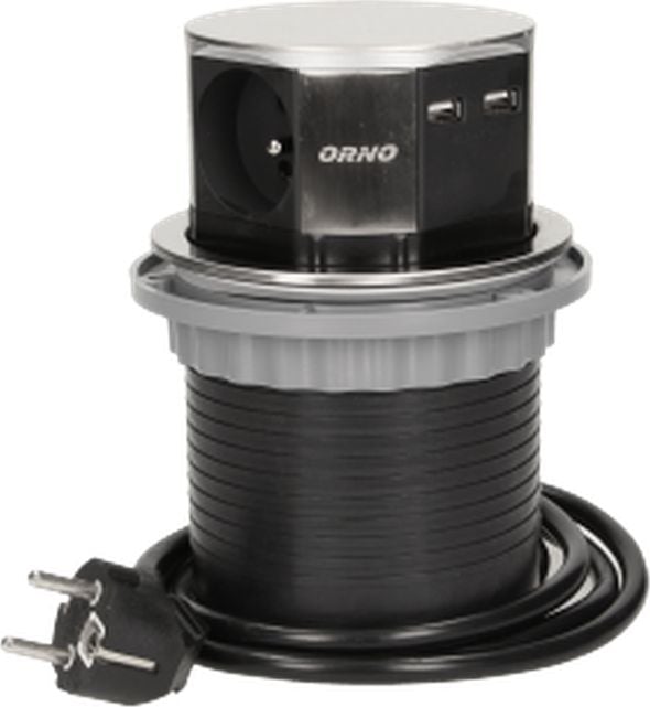 Priză Orno pentru mobilă - 10 cm retractabilă de pe masă cu încărcător USB și cablu de 1,5 m, 3x2P+Z, 2xUSB, INOX