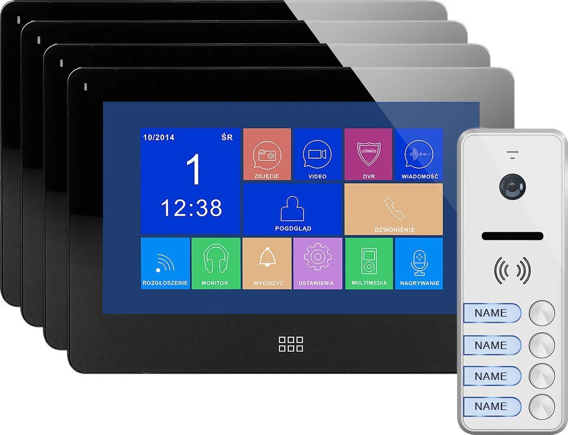 Set videointerfon Orno pentru 4 familii, handsfree color, LCD 7`, ecran tactil, meniu OSD, memorie, slot pentru card SD, DVR, control poarta, negru, FELIS MEMO MULTI4