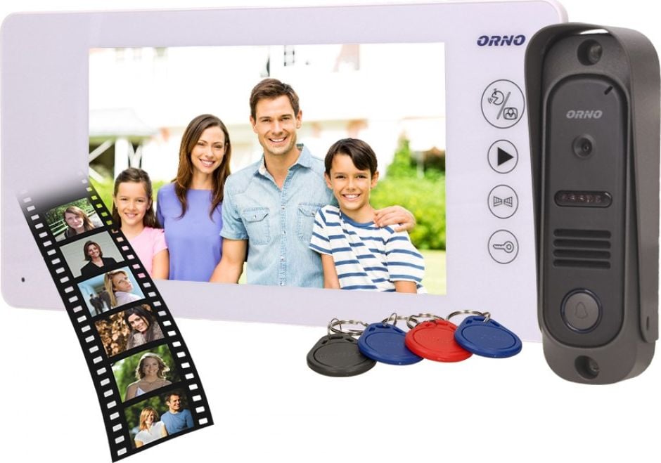 Set videointerfon Orno Handset, color, LCD 7`, orificiu pentru pin, memorie, cu cititor de etichete de proximitate, alb, ARCUS RFID