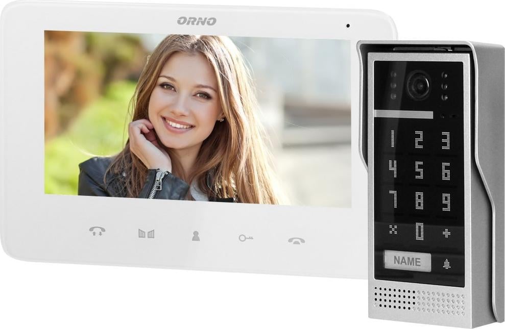 Videointerfon pentru o familie SCUTI ORNO OR-VID-VP-1073/W, color, monitor ultra-plat LCD 7`, control automat al portilor, 16 sonerii, functie intercom, tastatura numerica, alb/gri