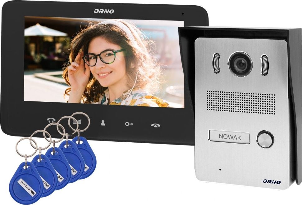Videointerfon pentru o familie INDI N ORNO OR-VID-VP-1069/B, color, monitor ultra-plat LCD 7`, control automat al portilor, 16 sonerii, functie intercom, deschidere cu ajutorul etichetelor de proximitate, negru/gri