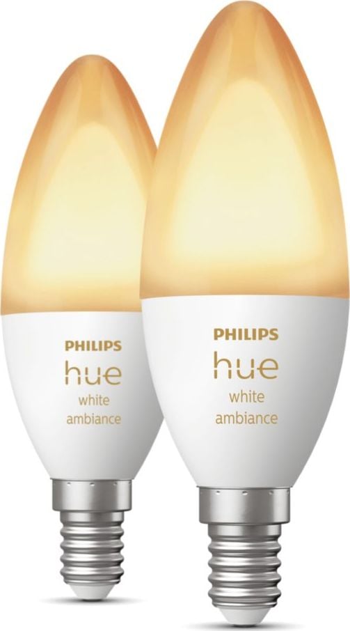 Pachet 2 becuri LED inteligente Philips Hue B39, Bluetooth, Zigbee, E14, 4W (25W), 470 lm, lumina ambianta alba (2200-6500K)