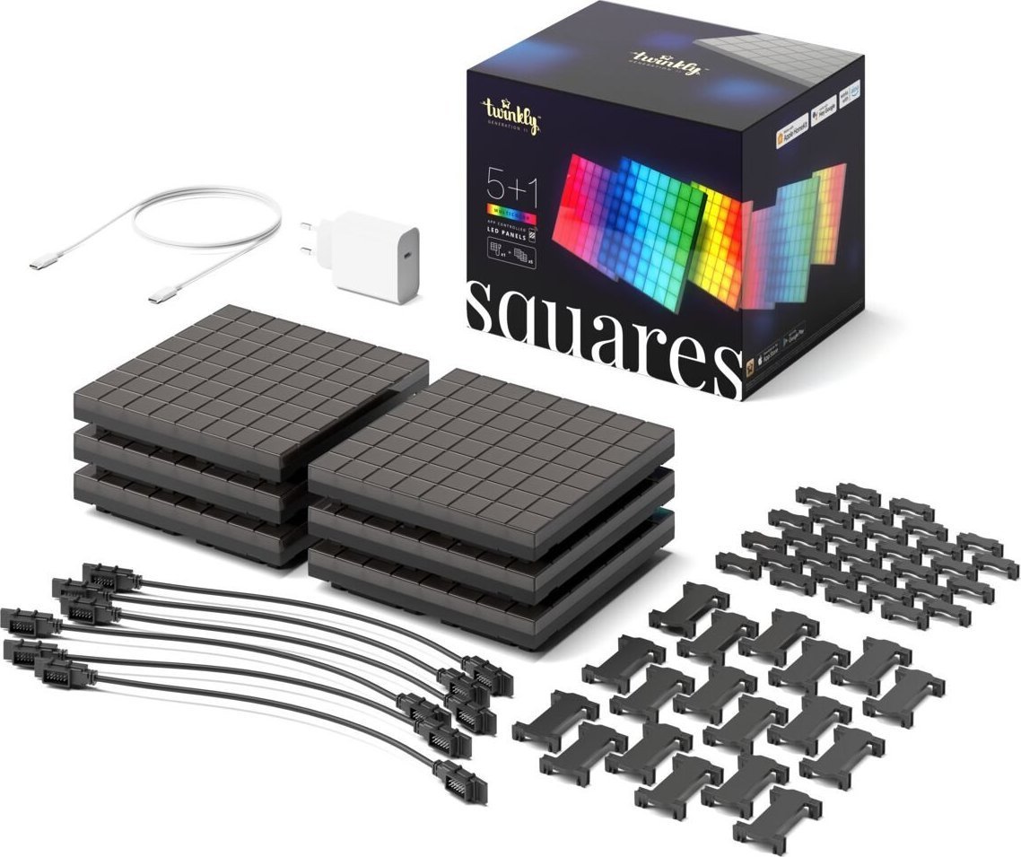Pachet combinat Twinkly Twinkly Squares 6 blocuri (1 master + 5 extensii) panouri decorative modulare LED RGB