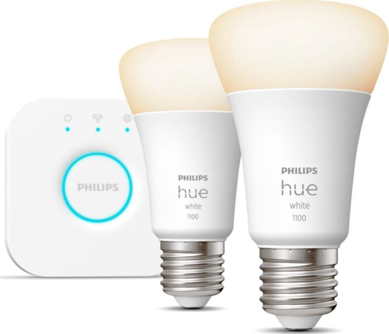 Pachet kit baza 2 becuri LED Philips Hue, Bluetooth, Zigbee, A60, 9.5W (75W), 1055 lm, lumina alba calda (2700K) + Consola Hue Bridge