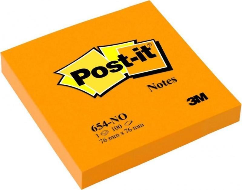 Pad adeziv Post-It 3M POST-IT_ (654N), 76x76mm, 1x100 carduri, portocaliu strălucitor
