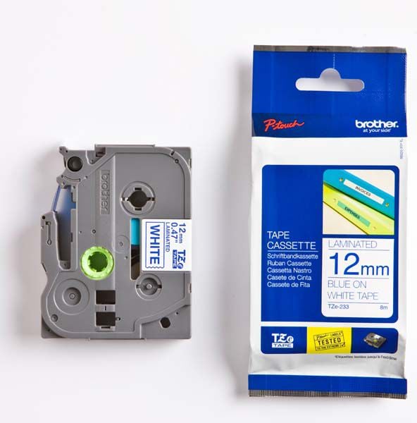 Panglică Brother Label Maker Imprimare albastră/Suport alb laminat 12 mm x 8 m (TZE233)
