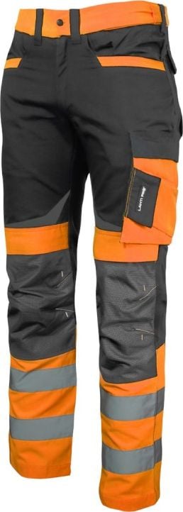 Pantaloni slim-fit reflectorizanti Lahti Pro, marimea M, 164-170 cm, bumbac/poliester, 270 g/m2, 8 buzunare, cusaturi triple, Portocaliu/Negru