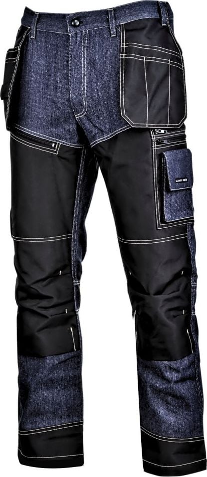 Pantaloni tip blugi cu intaritura Lahti Pro, marimea S, 164 cm, bumbac/celofibra, poliester 300D, 16 buzunare, talie ajustabila, Albastru/Negru
