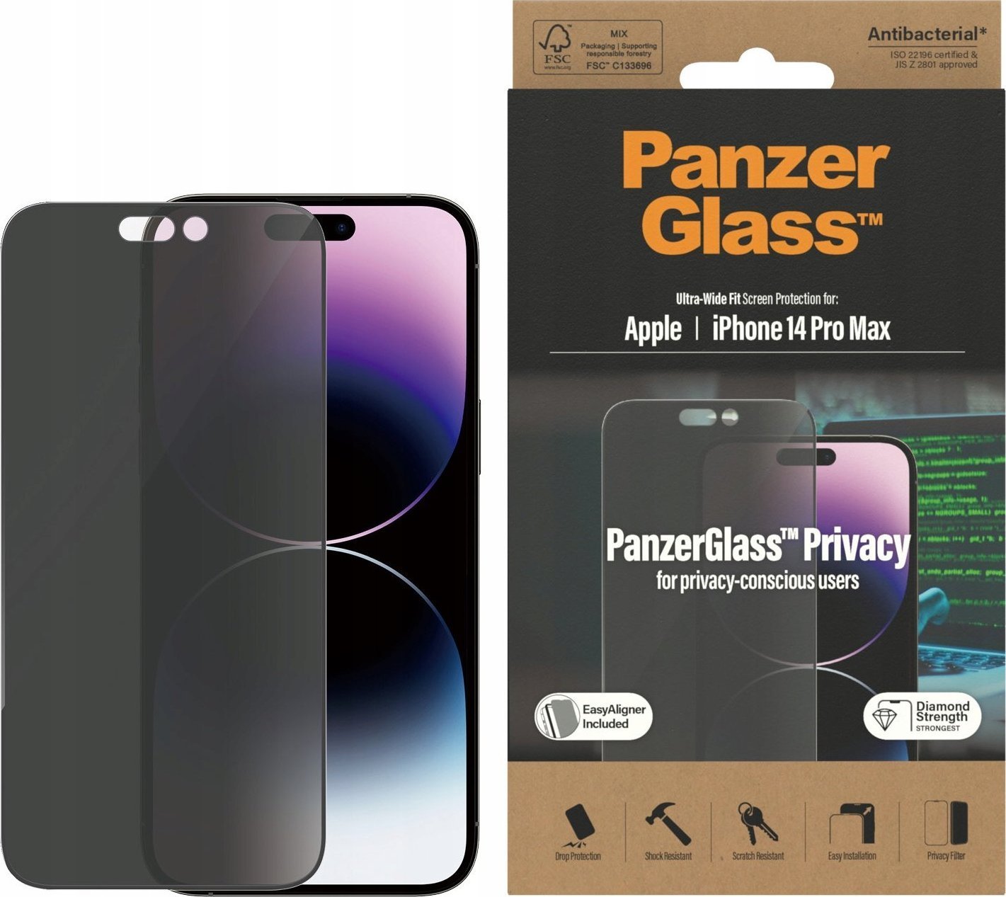 PanzerGlass PanzerGlass Ultra-Wide Fit iPhone 14 Pro Max 6,7` Privacy Screen Protection Antibacterial Easy Aligner Included P2786