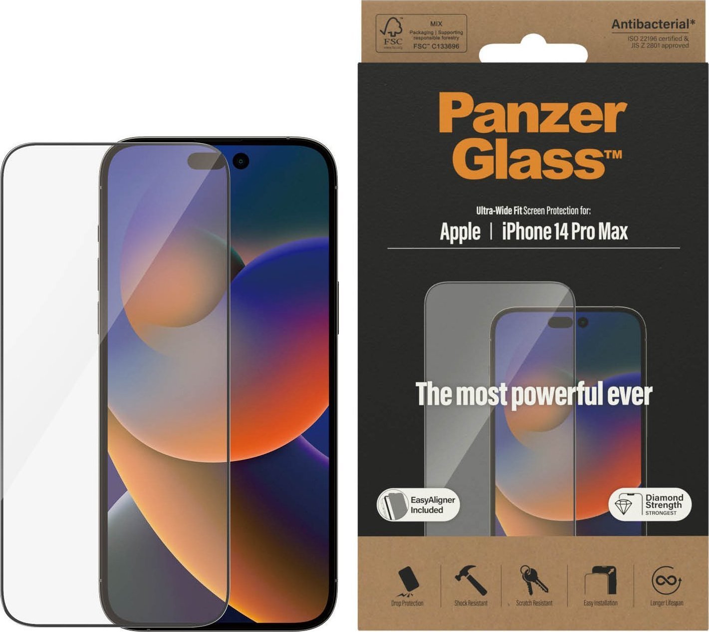 PanzerGlass Ultra-Wide Fit pentru iPhone 14 Pro Max 6,7 PanzerGlass este o protecție pentru ecranul telefonului ce include caracteristica Antibacterial și un instrument de aliniere ușor de folosit. Produsul este fabricat de PanzerGlass și se potriveș