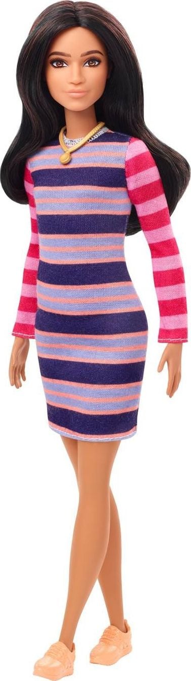 Papusa Barbie Fashionistas - Barbie bruneta, cu rochita cu dungi colorate