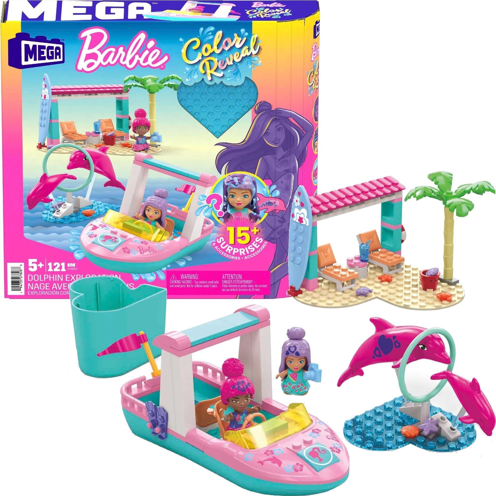 Papusa Barbie Mattel MEGA BLOKS Color Reveal Adventure cu delfini Set blocuri HHW83 p4 MATTEL
