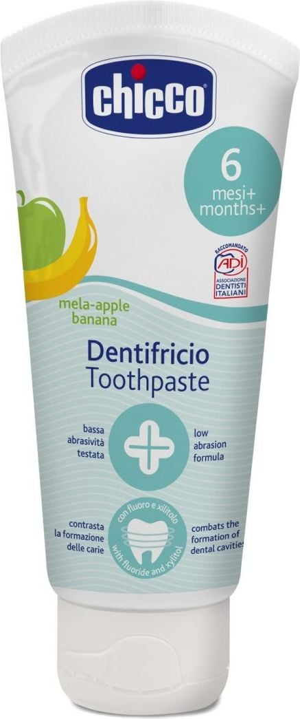 Pasta dinti - Pasta de dinti pentru copii, Chicco, Fluor, Mere si banane, 6 luni +