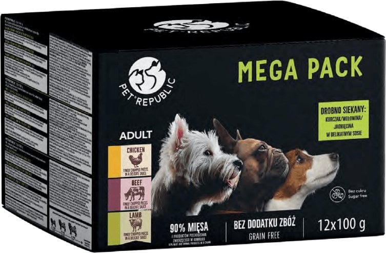 Pet Republic Hrana umeda PetRepublic pentru caini de rase mici, bucati in sos delicat, MIX 3 arome, 12x100g