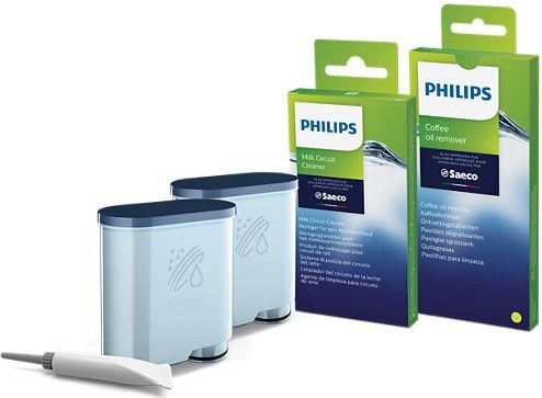 Kit intretinere pentru espressor Philips CA6707/10, 2 filtre AquaClean si tub lubrifiere, 6 plicuri curatare lapte, 6 tablete indepartare ulei