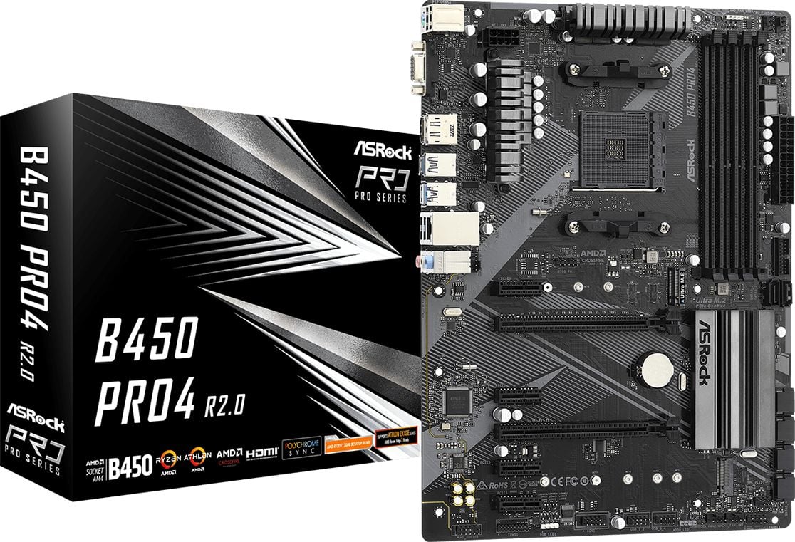 Placa de baza ASRock B450 PRO4 R2.0, SocketAM4, AMD B450, ATX, DDR4, 4 sloturi