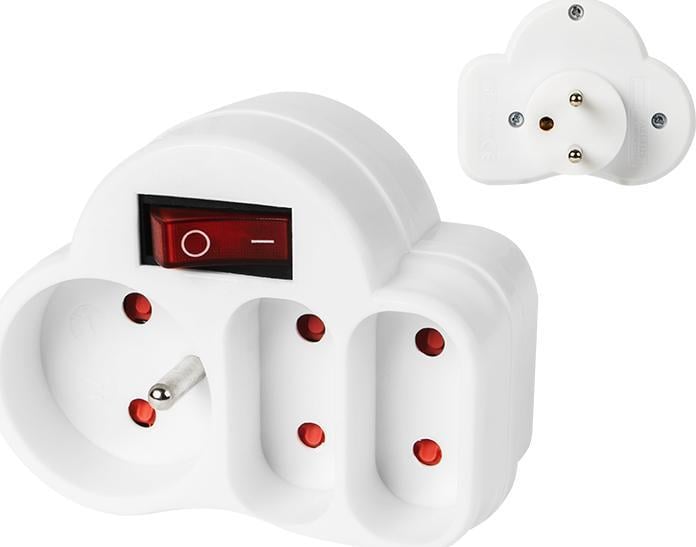 Plastrol Plug-in splitter cu întrerupător 1 priză cu + 2x Euro alb R-12WS