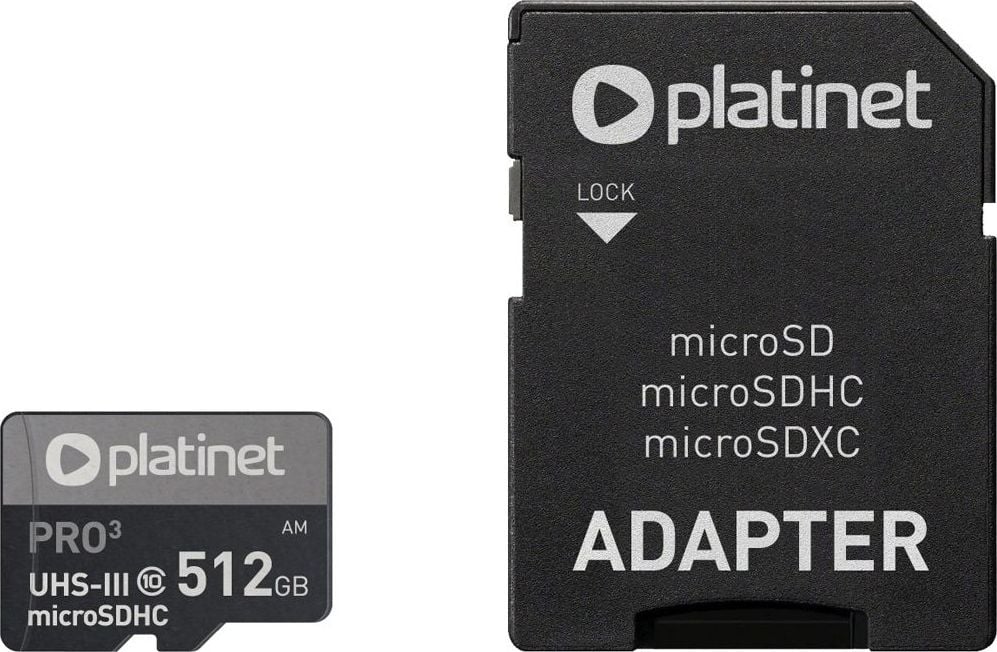 PLATINET microSDXC SECURE DIGITAL + SD ADAPTOR 512GB Class10 U3 A2 90MB / s [45095]