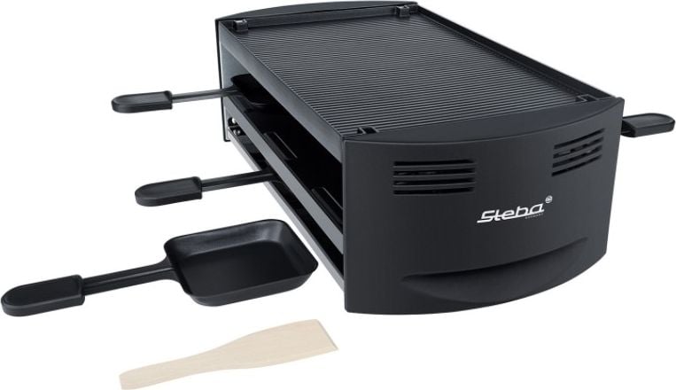 Plita grill si raclette electrica Steba, RC 6, placa aluminiu reversibila, 6 tigai, 1500 W, suprafata mare de gatire, 35.5 x 22 cm, control temperatura, rezistent, curatare usoara, gratar de masa, model german, negru