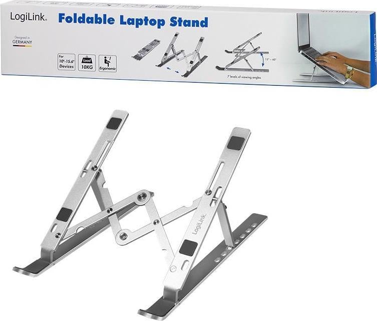 Suport de birou Logilink laptop, 7 pozitii, suporta dimensiuni 10-16″, pliabil, aluminiu, suport antiderapant, Argintiu