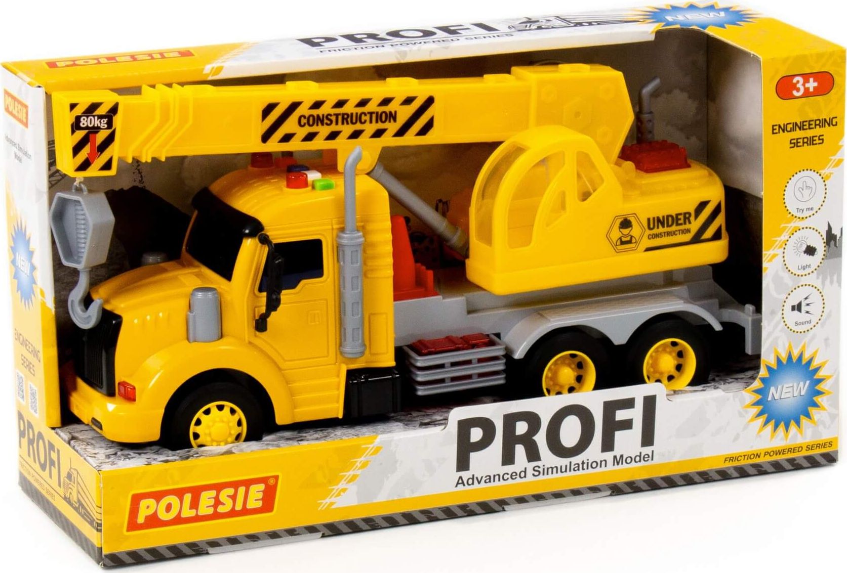 Camion cu macara, Polesie, 86600 Profi, Plastic, Sunete si lumini, 3 ani+, Galben