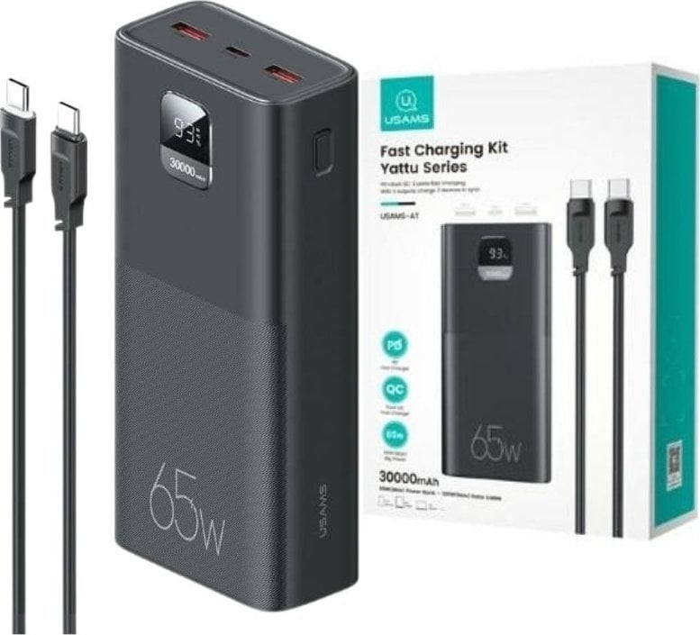 Powerbank Usams USAMS Powerbank PB68 30000mAh 65W QC3.0+PD Fast Charge + cablu USB-C/USB-C 100W negru