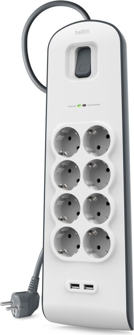 Prelungitor Belkin cu protectie la supratensiune, pana la 900 Joules, 8 prize, indicator LED, 2x USB 2.0, capace de siguranta, alb/gri