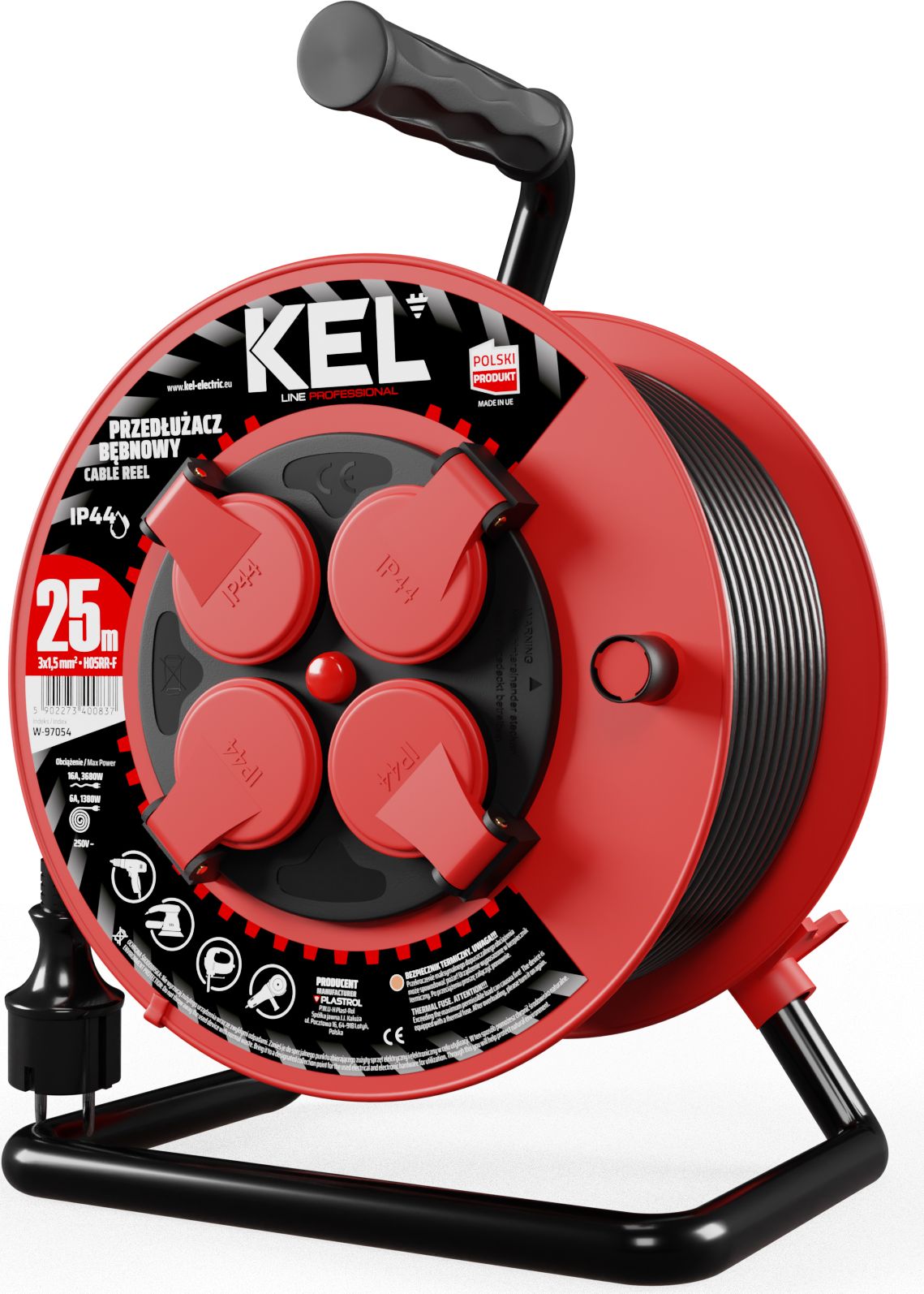Prelungitor cablu cu tambur KEL, 25M, 4 Prize, Ip-44- 4X2P+Z, 10A, 2300W, 3X1,5Mm H05Rr-F, Pb-Pro / KEL-W-97054
