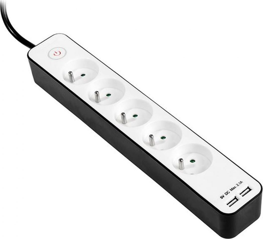Prelungitor electric cu cablu cu protectie supraincalzire si intrerupator , Tracer , 5 prize + 2x USB , 1.5 m , alb cu negru