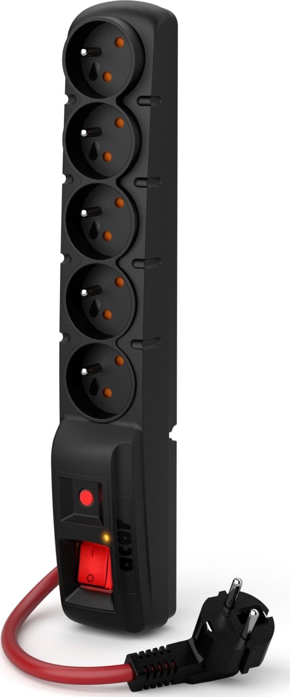 Prelungitor HSK Data, Cu intrerupator, 250V, 10 m, 5 Prize, Negru, Rosu