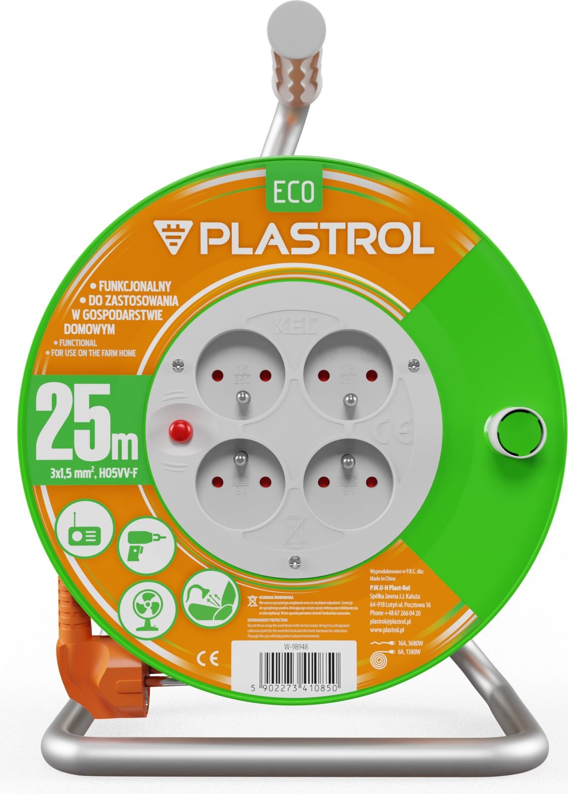 Prelungitor tambur Plastrol Standard Line 25m H05VV-F 3x1,5 4xGS 16A portocaliu (W-98948)