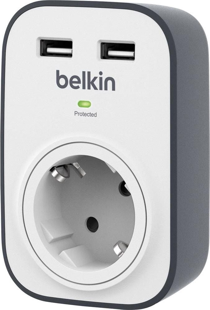 PDU - Priza Belkin cu protectie la supratensiune, pana la 306 Joules, indicator LED, 2 porturi USB 2.0, capace de siguranta, alb/gri