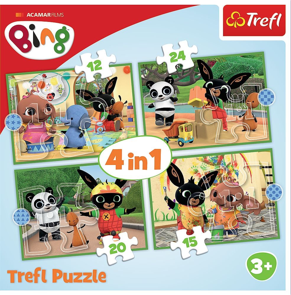 Puzzle 4-in-1, Trefl, Scene din serialul Bing, 12/15/20/24 piese, 28x28x6 cm, 3 ani+