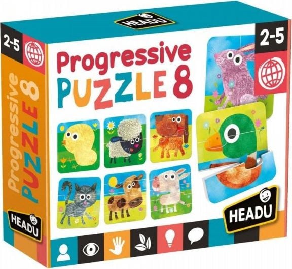 Puzzle 8 in 1 Headu Teacher Tested - Animale, 2/3/4/5 piese