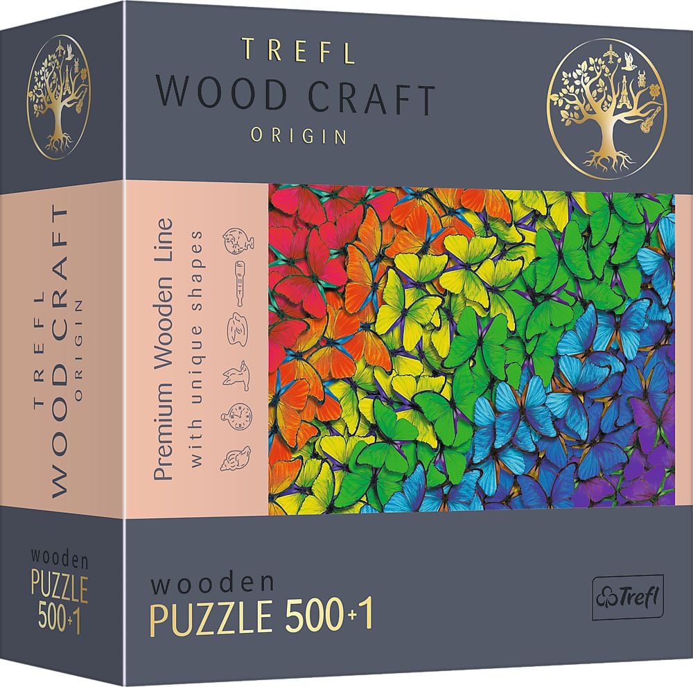 Puzzle din lemn Trefl - Wood Craft, Fluturasii colorati, 500+1 piese